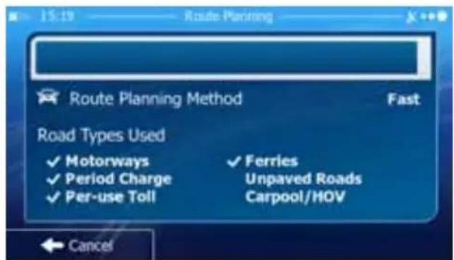 Route Planning Route Planning Method Fast Road Types Used ✓ Motorways ✓ Ferries ✓ Period Charge Unpaved Roads ✓ Per-use Toll Carpool/HOV Cancel