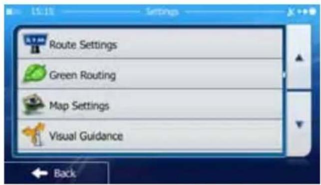Route Settings Green Routing Map Settings Visual Guidance Back