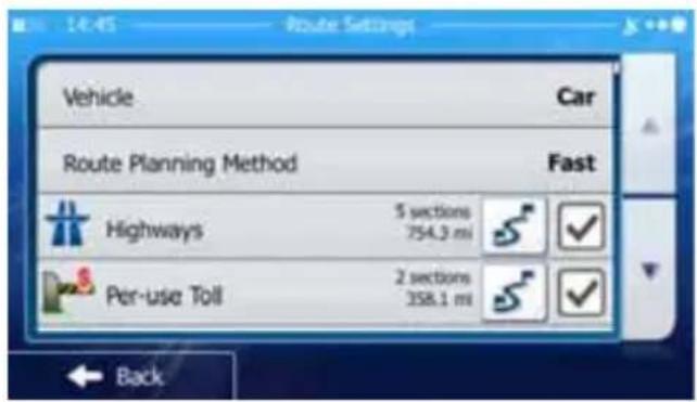 Vehicle Car Route Planning Method Fast Highways 5 sections 754.3 mi Per-use Toll 2 sections 358.1 mi Back