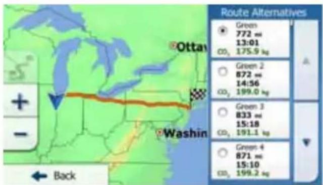 Route Alternatives Green 772 mI 13:01 CO₂ 175.9 kg Green 2 872 mI 14:56 CO₂ 199.0 kg Green 3 833 mI 15:18 CO₂ 191.1 kg Green 4 871 mI 15:10 CO₂ 199.2 kg + - Washin ← Back