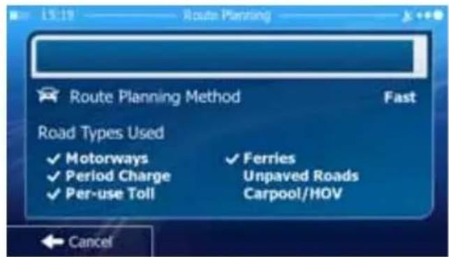 Route Planning Route Planning Method Fast Road Types Used ✓ Motorways ✓ Ferries ✓ Period Charge Unpaved Roads ✓ Per-use Toll Carpool/HOV Cancel