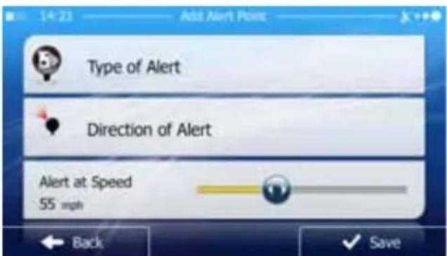 14:21 Add Alert Point Type of Alert Direction of Alert Alert at Speed 55 mph Back Save