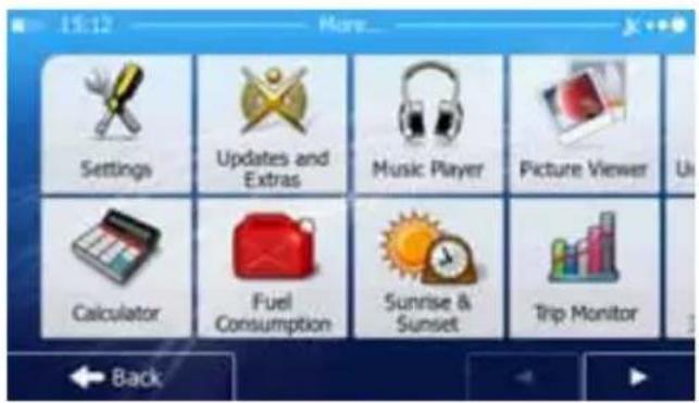 Settings Updates and Extras Music Player Picture Viewer Calculator Fuel Consumption Sunrise & Sunset Trip Monitor Back