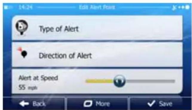 14:24 Edit Alert Point Type of Alert Direction of Alert Alert at Speed 55 mph Back More Save