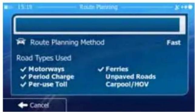 Route Planning Route Planning Method Fast Road Types Used ✓ Motorways ✓ Ferries ✓ Period Charge Unpaved Roads ✓ Per-use Toll Carpool/HOV Cancel