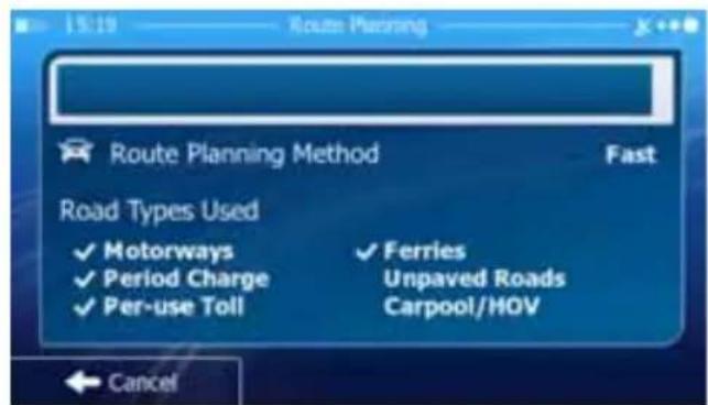 Route Planning Route Planning Method Fast Road Types Used ✓ Motorways ✓ Ferries ✓ Period Charge Unpaved Roads ✓ Per-use Toll Carpool/HOV Cancel