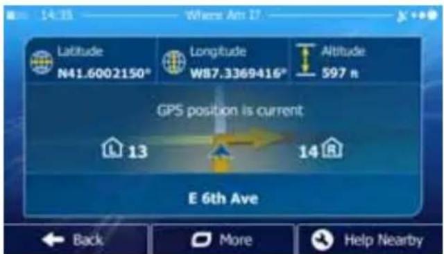 14:18 Where Am 17 Latitude N41.6002150° Longitude W87.3369416° Altitude 597 n GPS position is current 13 14 E 6th Ave Back More Help Nearby