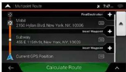 Multipoint Route Mobil 2150 Hylan Blvd, New York, NY, 10306 Subway 496 E. 115th St, New York, NY, 10020 Current GPS Position Final Destination Insert Waypoint Insert Waypoint Calculate Route