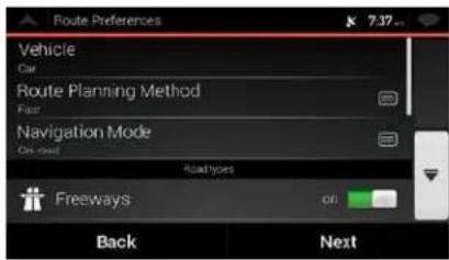 Route Preferences 7.37 Vehicle Car Route Planning Method First Navigation Mode On-Load Road types Freeways Back Next