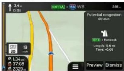 3.4 m 0:05 EXIT1A > 68 WB 328... Potential congestion detour. OUT = Hancock Length: 0.6 m Time: -0.08 Preview Dismiss SPEED RUST 90 19 1:34 m 37:08 2323m
