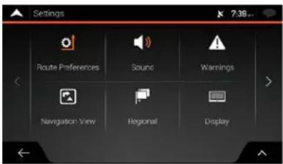 Settings 7.39 Route Preferences Sound Warnings Navigation View Regional Display