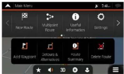 Main Menu New Route Multipoint Route Useful Information Settings Add Waypoint Detours & Alternatives Route Summary Delete Route