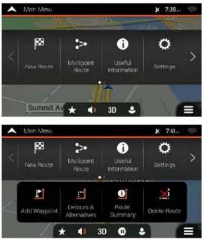 Main Menu 7:38 New Route Multipoint Route Useful Information Settings Summit A 3D Main Menu 7:41 New Route Multipoint Route Useful Information Settings Add Waypoint Defaults & Alternatives Route Summary Delete Route