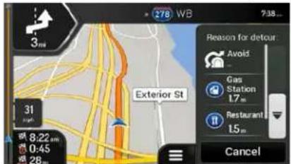 3 mi Exterior St 31 mph 8:22 am 0:45 28 Reason for detour: Avoid Gas Station 17 m Restaurant 15 m Cancel