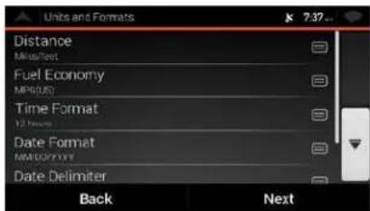 Units and Formats 7:37 Distance Misdest Fuel Economy MPDUS Time Format 12 Hours Date Format MADXXXXY Date Delimiter Back Next