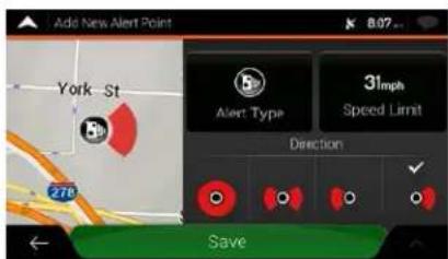 Add New Alert Point 8:07 York St 276 Alert Type 31mph Speed Limit Direction Save