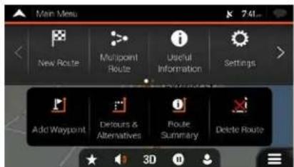 Main Menu New Route Multipoint Route Useful Information Settings Add Waypoint Delours & Alternatives Route Summary Delete Route