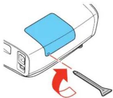 Diagram showing a blue plastic component being inserted into a car's side panel with a red arrow indicating rotation (no text or symbols)