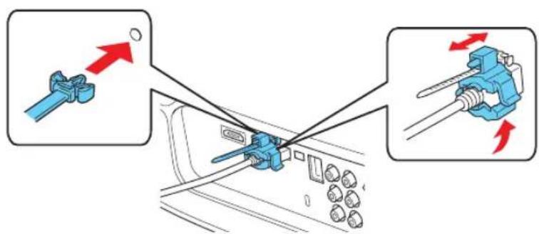 Diagram showing mechanical assembly steps with red arrows indicating direction of movement, including a tool and clamping mechanism.