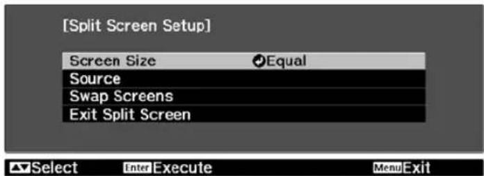 [Split Screen Setup] Screen Size Equal Source Swap Screens Exit Split Screen Select Enter Execute Menu Exit