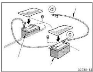 Diagram of a battery circuit with labeled components and connections, including terminals d and c.