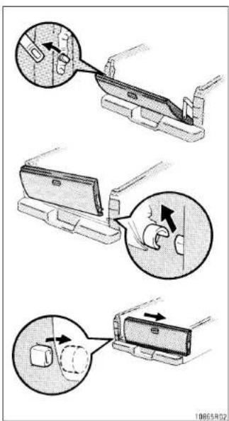 Technical diagram illustrating three-step assembly process for a mechanical component, with arrows indicating direction of movement.