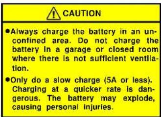 CAUTION ●Always charge the battery in an unconfined area. Do not charge the battery In a garage or closed room where there is not sufficient ventilation. ●Only do a slow charge (5A or less). Charging at a quicker rate is dangerous. The battery may explode, causing personal injuries.
