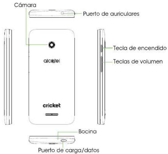 Cámara Puerto de auriculares alcelel cricket Tecla de encendido Teclas de volumen Bocina Puerto de carga/datos