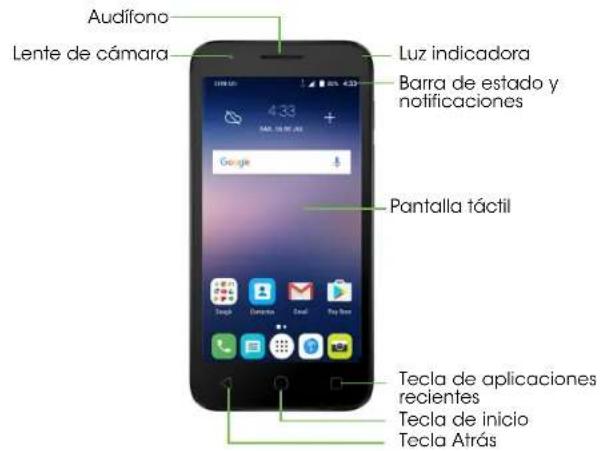 Audífono Lente de cámara Luz indicadora Barra de estado y notificaciones Gouge Pantalla táctil Tecla de aplicaciones recientes Tecla de inicio Tecla Atrás