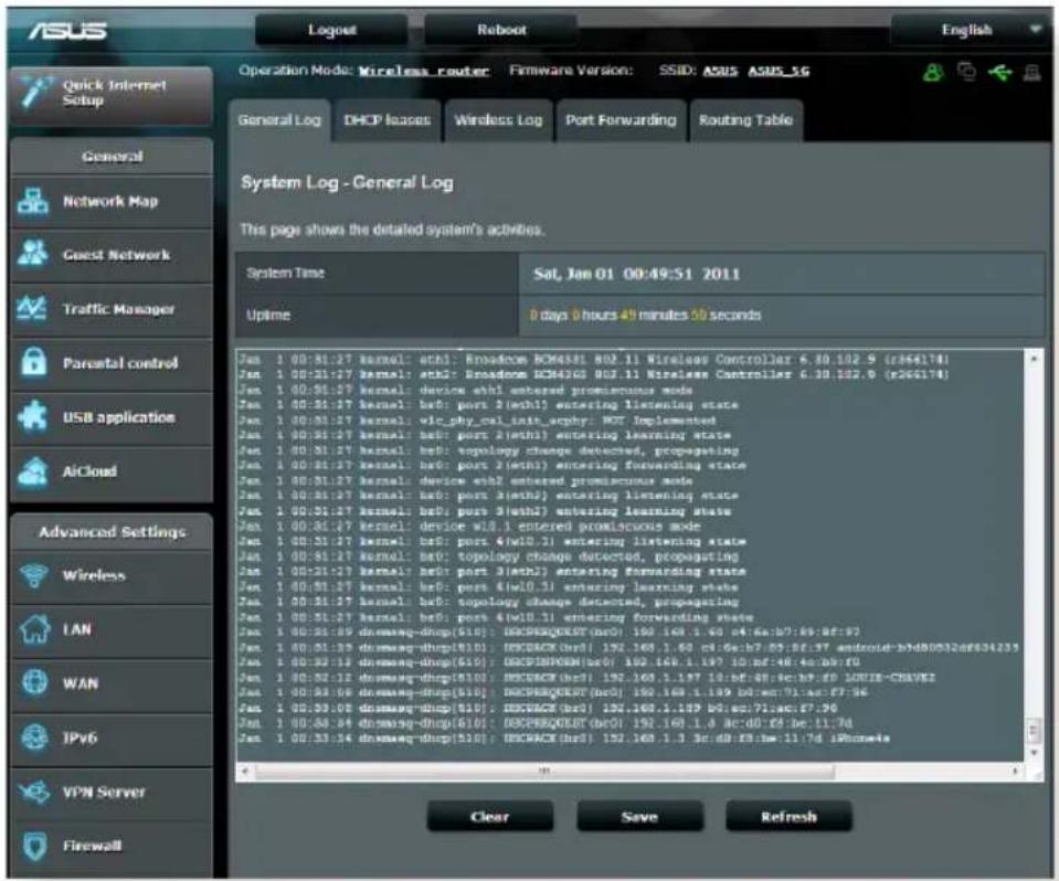 ASUS Logout Reboot English Operation Mode: Wireless_router Firmware Version: SSID: ASUS ASUS_5G General Log DHCP leases Wireless Log Port Forwarding Routing Table System Log - General Log This page shows the detailed system's activities. System Time Sat, Jan 01 00:49:51 2011 Uptime 0 days 8 hours 49 minutes 30 seconds Jan 1 00:31:27 kernel: ath1: Broadcom BCM681 802.11 Wireless Controller 6.30.102.9 (r364174) Jan 1 00:31:27 kernel: ath2: Broadcom BCM4365 802.11 Wireless Controller 6.30.102.9 (r364174) Jan 1 00:31:27 kernel: device ethl entered promiscuous mode Jan 1 00:31:27 kernel: hsf: port 2(ath1) entering listening state Jan 1 00:31:27 kernel: wlc_phy_cal_tot_acphy: MOT Implemented Jan 1 00:31:27 kernel: hsf: port 2(ath3) entering learning state Jan 1 00:31:27 kernel: hsf: topology change detected, propagating Jan 1 00:31:27 kernel: hsf: port 2(ath1) entering forwarding state Jan 1 00:31:27 kernel: device eth2 entered promiscuous mode Jan 1 00:31:27 kernel: hsf: port 2(ath2) entering listening state Jan 1 00:31:27 kernel: hsf: port 3(ath2) entering learning state Jan 1 00:31:27 kernel: device w10.1 entered promiscuous mode Jan 1 00:31:27 kernel: hsf: port 4(w10.3.1) entering listening state Jan 1 00:31:27 kernel: hsf: topology change detected, propagating Jan 1 00:31:27 kernel: hsf: port 3(ath2) entering forwarding state Jan 1 00:31:27 kernel: hsf: port 4(w10.3.1) entering learning states Jan 1 00:31:27 kernel: hsf: topology change detected, propagating Jan 1 00:31:27 kernel: hsf: port 4(w10.3.1) entering forwarding states Jan 1 00:31:29 dneuaw-drop(510): DECPERQKEST (ncrO) 192.160.1.63 c4:c6:aD7:b9:d8:f9: Jan 1 00:31:25 dneuaw-drop(510): DECPERCK (brd) 192.160.1.63 c8:c6:b7:b7:b9:d7:e9::f7 android-b3d8b5d2d8d3d4d5: Jan 1 00:32:18 dneuaw-drop(510): DECPERQGEN (brd) 192.160.1.197 b9:c6:b9:d6:d7:e6: Jan 1 00:32:12 dneuaw-drop(510): DECPERCK (brd) 192.160.1.197 b9:c6:b9:d6:d7:e6: Jan 1 00:32:58 dneuaw-drop(510): DECPERQKEST (ncrO) 192.160.1.199 b9:c6:d7:e6: Jan 1 00:33:08 dneuaw-drop(510): DECPERCK (brd) 192.160.1.199 b9:c6:d7:e6: Jan 1 00:33:24 dneuaw-drop(510): DECPERQKEST (brd) 192.160.1.8 b9:d6:d7:e6: Jan 1 00:33:54 dneuaw-drop(510): DECPERCK (brd) 192.160.1.3 b9:d6:d7:e6: Clear Save Refresh
