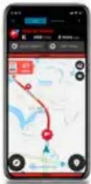 Mobile app screenshot showing a map interface with a red route and location markers, likely for navigation or route planning.