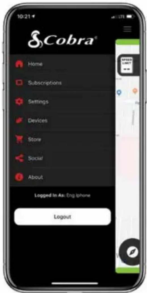 10:21 Cobra® Home Subscriptions Settings Devices Store Social About Logged In As: Eng iphone Logout