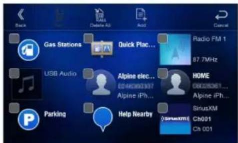 Back Delete A3 Add Cancel Gas Stations Quick Plac... Radio FM 1 87.7MHz USB Audio Alpine elec... HOME USB Audio Alpine iPh... Alpine iPh... Parking Help Nearby SiriusXM Ch001 Ch 001