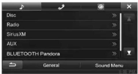 Disc Radio SiriusXM AUX BLUETOOTH Pandora General Sound Menu