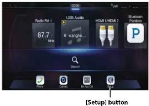 Radio FM 1 87.7 MHz USB Audio 6 wangho... HDMI 1/HDMI 2 Bluetooth Pandora Search Phone Canvas Ex-Acc Off Setup [Setup] button