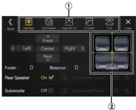Sound Flat/Rat EQ Presets Dual HD EQ X-OVER TOR Close Front Left Center Right > Rear Fader : 0 Balance : 0 Rear Speaker On ✓ Subwoofer Level 00 > Subwoofer Off Subwoofer Phase 0° >