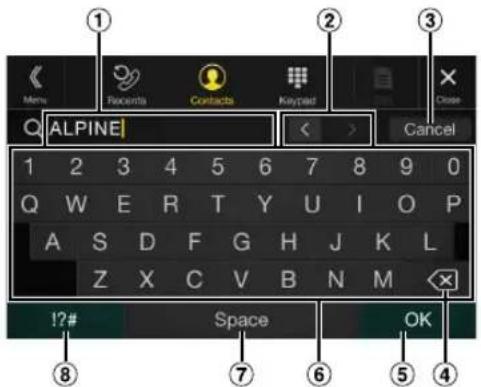 ① Menu Records Contacts Keyboard Close Q ALPINE < > Cancel 1 2 3 4 5 6 7 8 9 0 Q W E R T Y U I O P A S D F G H J K L Z X C V B N M !?# Space OK ⑧ ⑦ ⑥ ⑤ ④