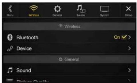 Menu Wireless General Source System Close Wireless Bluetooth On Device General Sound Picture Quality