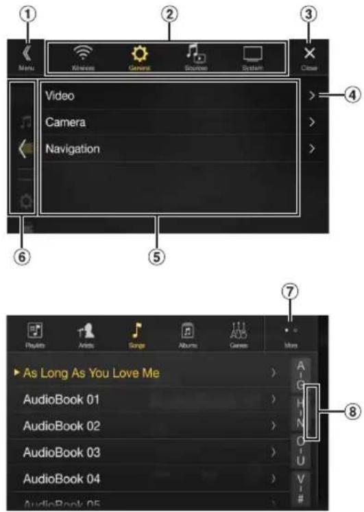 ① Menu Kineser General Source System ② ③ Close Video Camera Navigation ④ ⑤ ⑥ ⑦ PlayInfo Articles Songs Albums Games More As Long As You Love Me AudioBook 01 AudioBook 02 AudioBook 03 AudioBook 04 AudioBook 05
