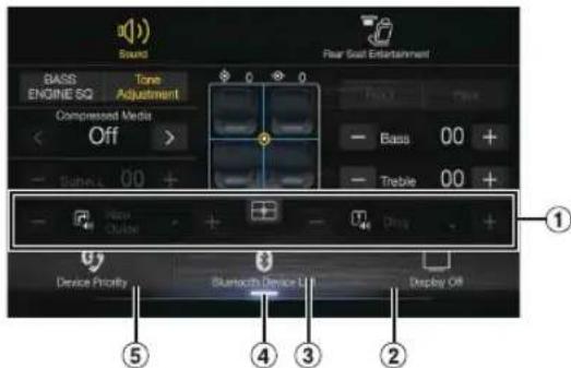 Sound Fear Seal Entertainment BASS Engine SQ Tone Adjustment Compressed Media Off > - Bass 00 + - Treble 00 + - Noise Guide - Drag + Device Priority Bluetooth Device U Display Off ① ② ③ ④ ⑤