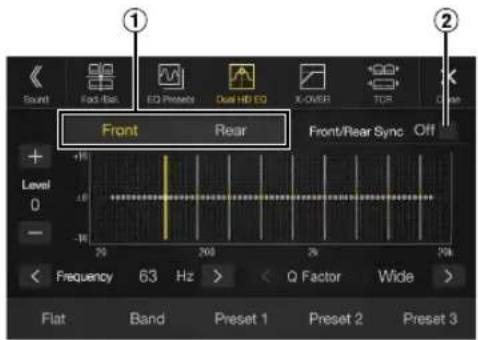 ① Sound Fact/Rat ED Protefs Dual HD ED X-OVER TCR Clear Front Rear Front/Rear Sync Off Level 0 - -16 20 250 300 350 400 450 500 < Frequency 63 Hz > < Q Factor Wide > Flat Band Preset 1 Preset 2 Preset 3