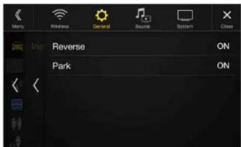 Menu Wireless General Source System Close Ins Reverse ON Park ON