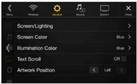 Menu Wireless General Source System Close Screen/Lighting Screen Color Blue Illumination Color Blue Text Scroll Off Artwork Position Left