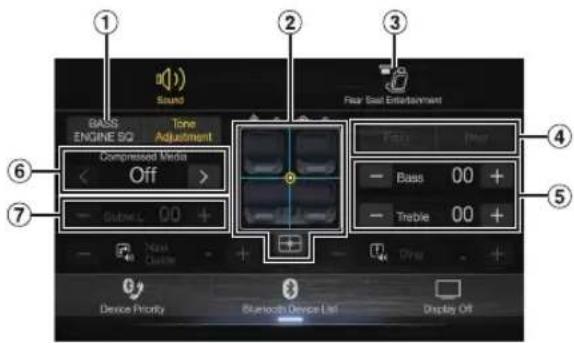 1 Sound BASS ENGINE 5Q Tone Adjustment Compressed Media < Off > Suber L 00 + - - - - - - - - - - - - - - - - - - - - - - - - - - - - - - - - - - - - - - - - - - - - - - - - - - - - - - - - - - - - - - - - - - - - - - - - - - - - - 6 Device Priority Bluetooth Device List Display Off 2 3 Fear Sail Entertainment 4 5 - Bass 00 + - Treble 00 +