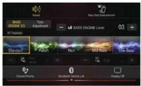 Sound Real Gear Entertainment BASS ENGINE 5Q Tone Adjustment BASS ENGINE Level 03 + INT Parameter Standard Polich Rich Mid Bass Cow Bass Device Priority Blaytorch Device List Display Off