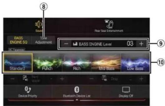 Sound BASS ENGINE 5Q Tone Adjustment By Customer Standard Punch Rich Mid Bass Low Bass Device Priority Bluetooth Device List Display Off 8 9 10