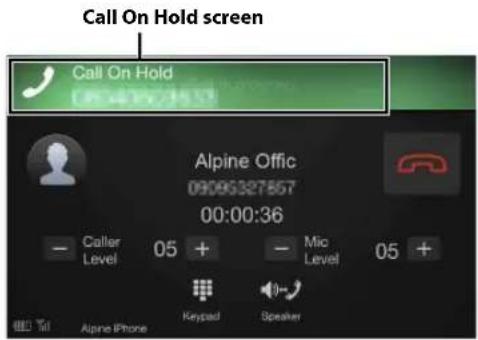 Call On Hold screen Call On Hold Alpine Offic 09095327857 00:00:36 - Caller Level 05 + - Mic Level 05 + Keypad Speaker Alpine iPhone