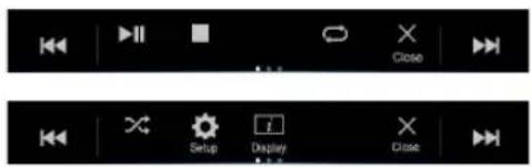 Two black media player control buttons with icons for playback, refresh, and close functions