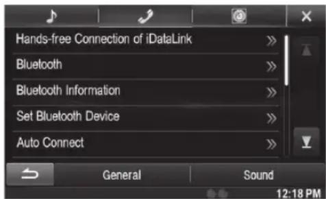 Hands-free Connection of iDataLink Bluetooth Bluetooth Information Set Bluetooth Device Auto Connect General Sound 12:18 PM
