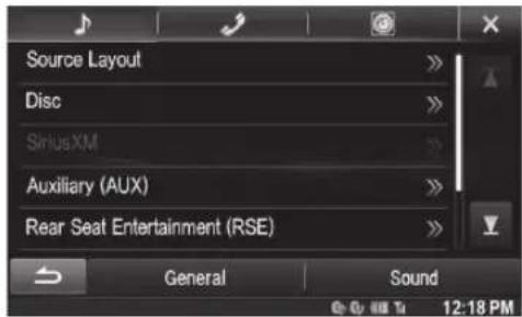 Source Layout Disc SiriusXM Auxiliary (AUX) Rear Seat Entertainment (RSE) General Sound 12:18 PM